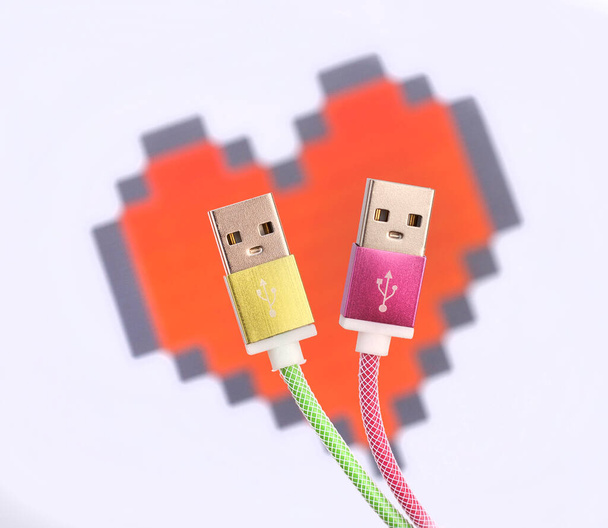 Paire conceptuelle de connecteurs USB qui représentent l'union entre un homme et une femme. Romantisme. Saint Valentin. - Photo, image