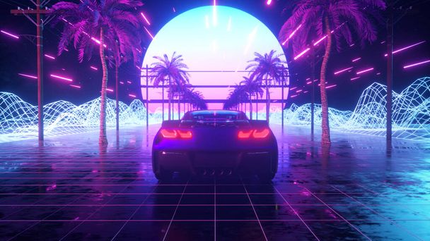 80s retro pozadí 3D ilustrace. Futuristické auto projíždí neonovým abstraktním prostorem. - Fotografie, Obrázek