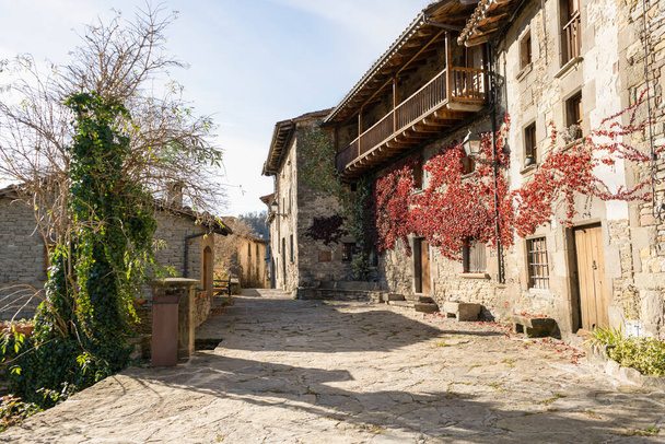 Wunderbarer Blick auf die steinerne Straße mit schönen Blumen und rustikalen Häusern im alten Dorf Rupit, Barcelona, Spanien.. - Foto, Bild