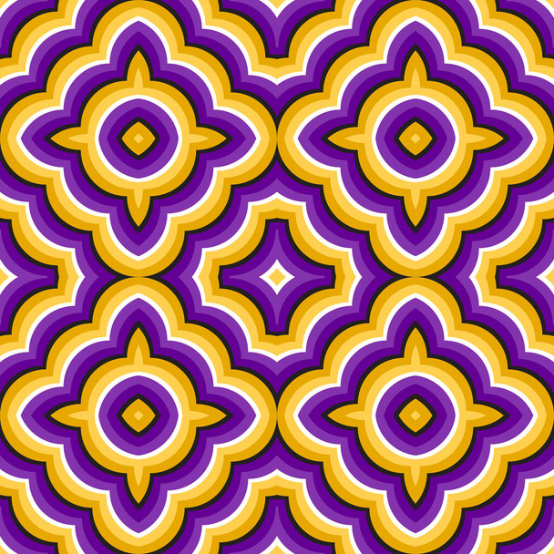 Púrpura ilusión óptica dorada patrón sin costura. Fondo de pantalla móvil abstracto de azulejos estampados. - Vector, Imagen