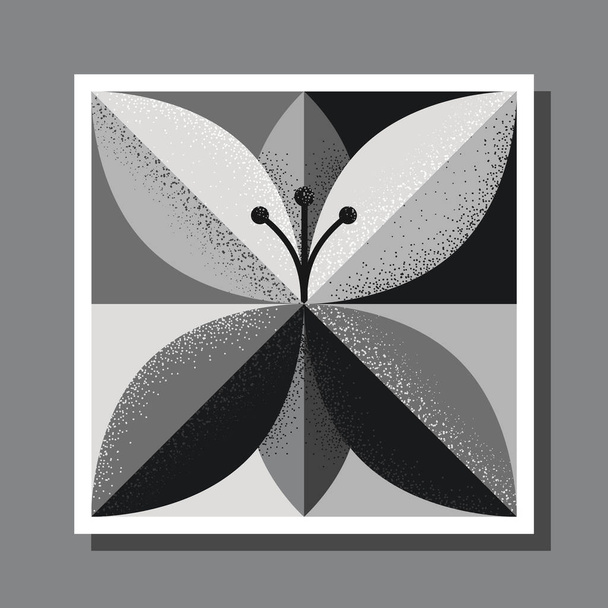 Стилизованный цветок на квадратном фоне проверки с затенением. Оттенки черного, белого и серого. Векторный формат EPS10. - Вектор,изображение