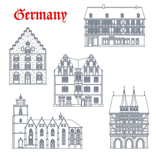 ヘッセのドイツのランドマーク建築、教会や市庁舎のベクトルアイコン。ワインハウスとワルプルギス教会、アルスフェルトのスタンプフハウス、ホチセイタウスとラタウスのドイツ旅行の建物 - ベクター画像