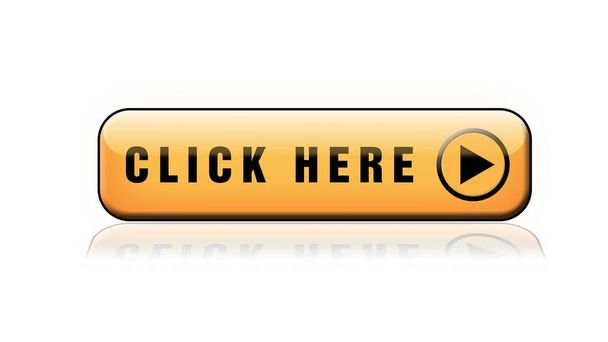 TIKLAYIN - Zeminde yansımaları olan turuncu düğme - beyaz arkaplanda izole - 3D Görüntü - Fotoğraf, Görsel
