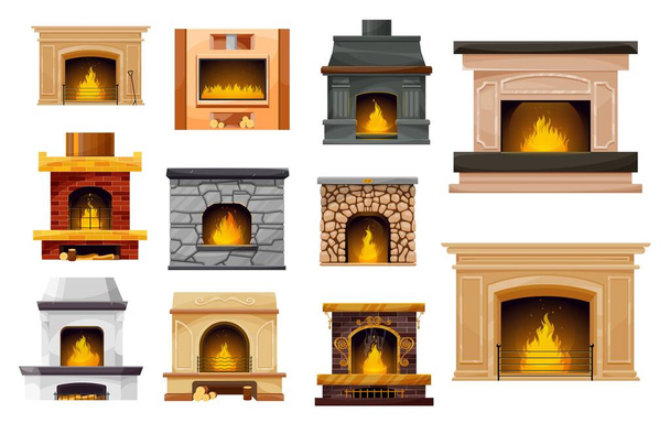 Fireplace and fire isolated icons, interior design - Vector, Image