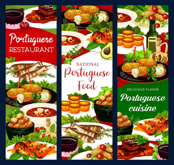 Portugal restaurant gerechten kabeljauw soep, vis kroketten, kabeljauw pasteigi, sardines en pasteh cakes. Piri riri kip, jinia cherry liquor of gestoofde kip in wijn met rundvlees stoofpot Portugese nationale maaltijden - Vector, afbeelding