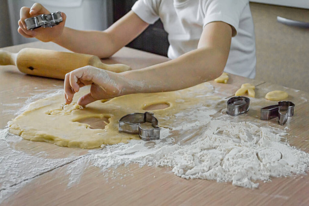 Zelfgemaakte koekjes maken met bakgerechten. De handen van het kind zelf maken koekjes in de vorm van een kip en een konijn. Instructie stap 3. - Foto, afbeelding