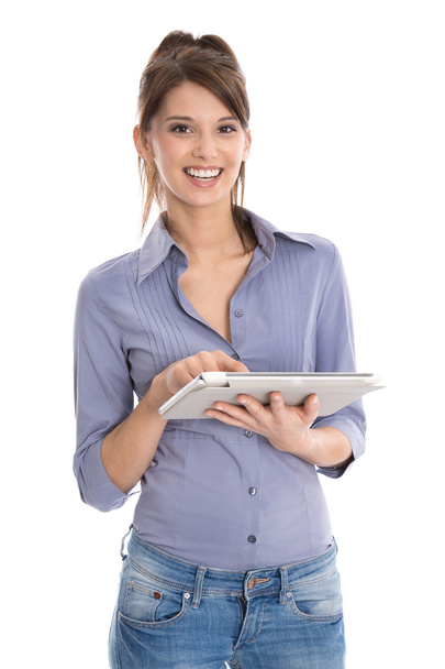 Beautiful isolated happy young woman using tablet computer. - Foto, afbeelding