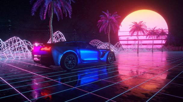 80s retro pozadí 3D ilustrace. Futuristické auto projíždí neonovým abstraktním prostorem. - Fotografie, Obrázek