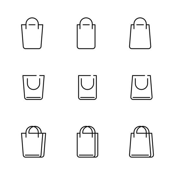 9-pakowa ikona w postaci cienkiej linii. Ikony toreb na zakupy. Kolekcja ikon Black Line izolowanych na białym tle. Nowoczesna ilustracja wektora - Wektor, obraz