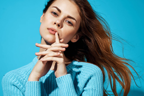 beautiful woman in blue sweater glamor attractive look isolated background - Photo, Image