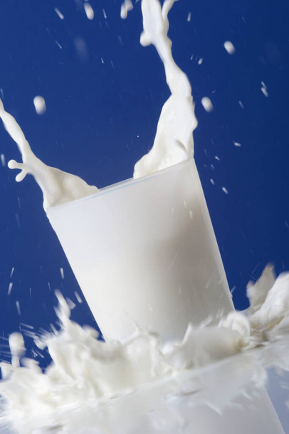 Κρεμώδες γάλα πετάχτηκε σε ένα ποτήρι και ξεχειλίζει στο τραπέζι. Φωτογραφία σε μπλε φόντο - Φωτογραφία, εικόνα
