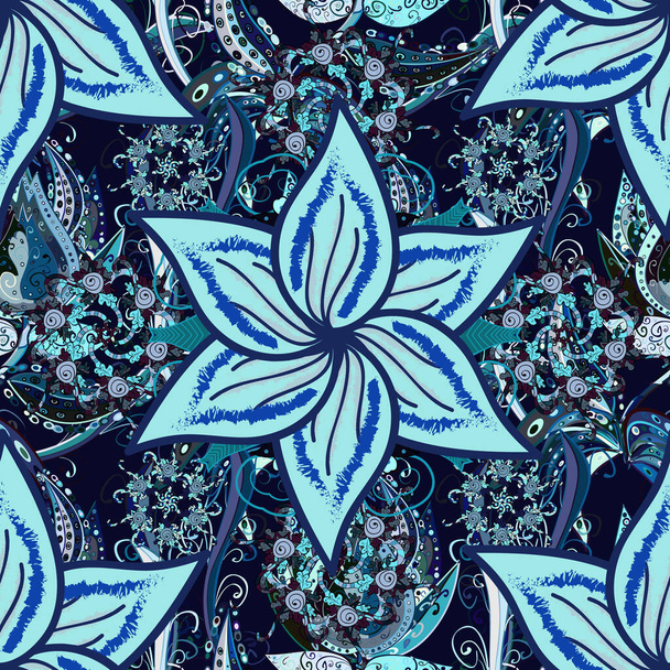 Colorful seamless pattern with cute flowers, paisley, black, neutral and blue colors. Hand drawn flower seamless pattern (tile). Watercolor seamless pattern for textile. - Vector, Image