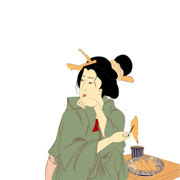 Гейша в кимоно, женщина в Японии, векторная иллюстрация в традиционном укио-э стиле. Японская азиатская культура, красивое модное платье. Гейша с фруктами и бумагой. - Вектор,изображение