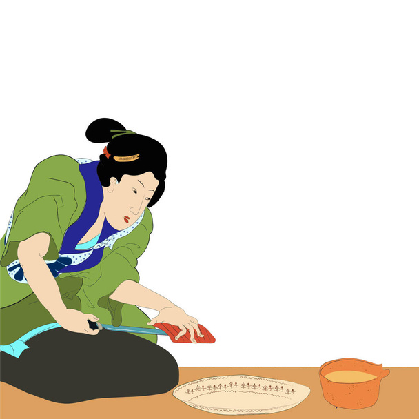 Kimonolu geyşa, Japon kadın, geleneksel ukio-e sanat tarzı vektör çizimi. Japon Asya kültürü, güzel moda elbisesi. Meyve ve kâğıtlı geyşa. - Vektör, Görsel