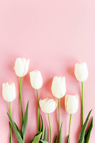 Tulipanes blancos sobre fondo rosa. Tarjeta de felicitación de concepto floral mínimo. Piso tendido, vista superior.  - Foto, imagen