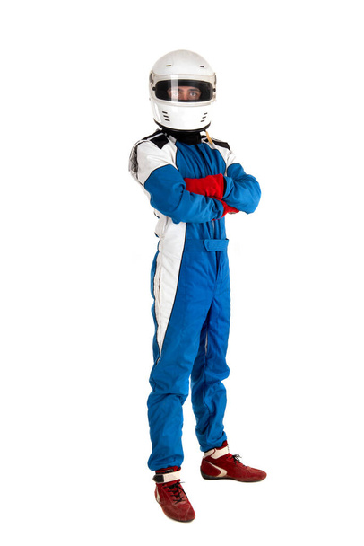 Racing driver posing with helmet isolated in white - Photo, Image