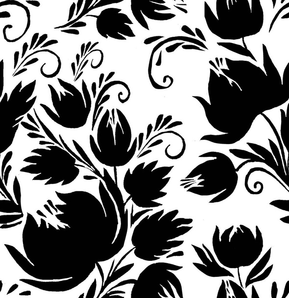 Etnické květinové siluety vzor černá a bílá - Fotografie, Obrázek