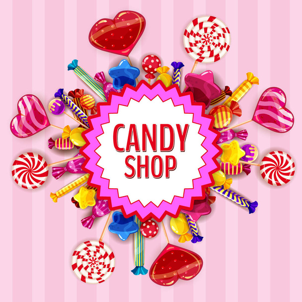 Шаблон магазину цукерок набір різних кольорів цукерок, льодяників, цукерок, шоколадних цукерок, желе-бобів різної форми і кольору. Фон, плакат, банер, вектор, ізольований, мультиплікаційний стиль
 - Вектор, зображення