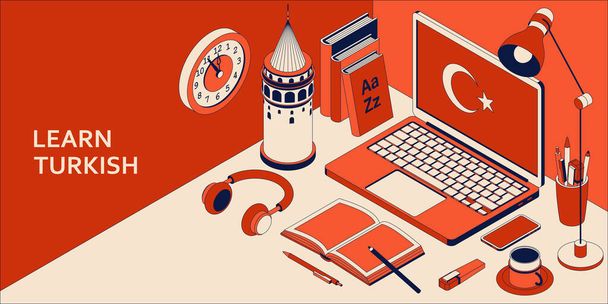 Nauka języka tureckiego - koncepcja izometryczna z otwartym laptopem, książkami, słuchawkami i kawą. Ilustracja wektora - Wektor, obraz