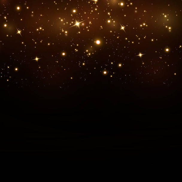 Les étoiles de confettis d'or de Noël tombent, les étoiles brillantes volent à travers le ciel nocturne au milieu du reflet des points lumineux de l'espace. éclat magique. - Vecteur, image