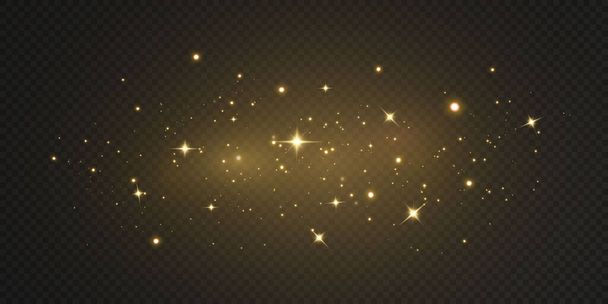 Estrelas de confete de ouro de Natal estão caindo, estrelas brilhantes voam através do céu noturno em meio ao reflexo dos pontos de luz do espaço. brilho mágico. - Vetor, Imagem