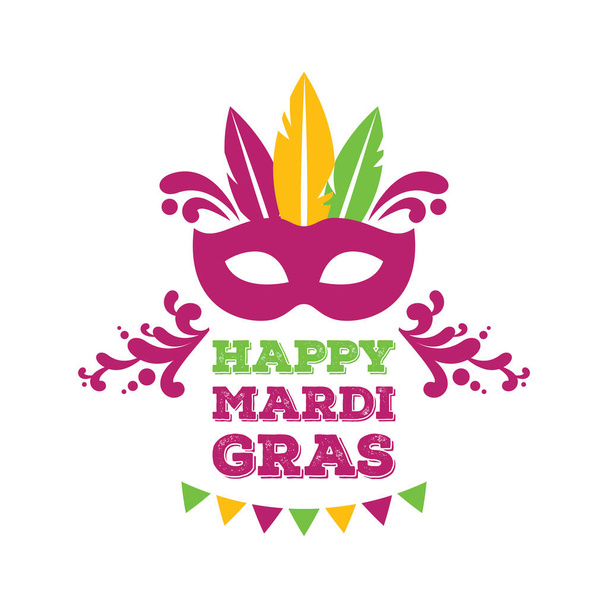 Happy Mardi Gras carnival design icon vector isolated on a white background. Mardi Gras carnival poster with decorative carnival mask with feathers vector. Happy Mardi Gras lettering with decorative elements vector - Vector, Image