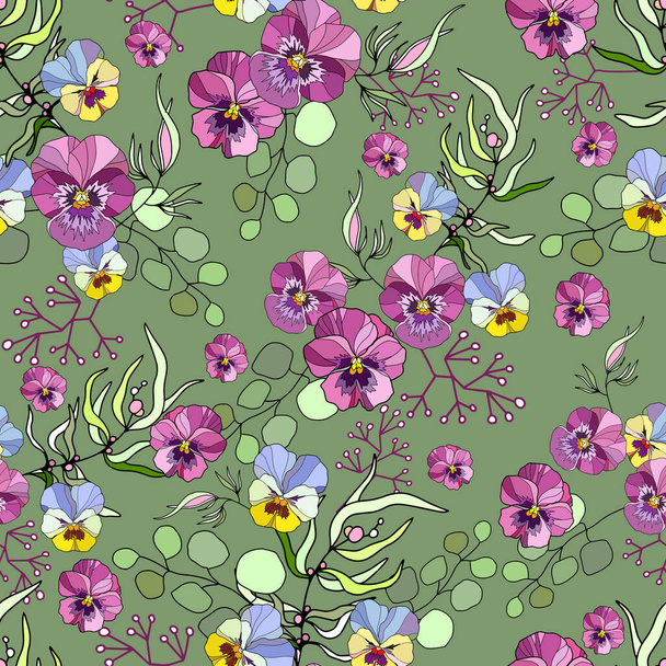 Florales nahtloses Muster, rosa, lila und gelbe Viola, Orchidee, Blatt auf grünem Hintergrund, pastellfarbenes Vintage-Thema. Vektoraktiendarstellung - Vektor, Bild