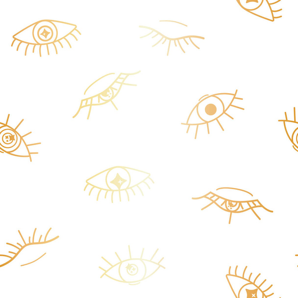 Efeito de folha de ouro vetorial Olhos Mágicos Lineart no fundo padrão sem costura branco. Perfeito para projetos de tecido, papel de parede e scrapbooking. - Vetor, Imagem