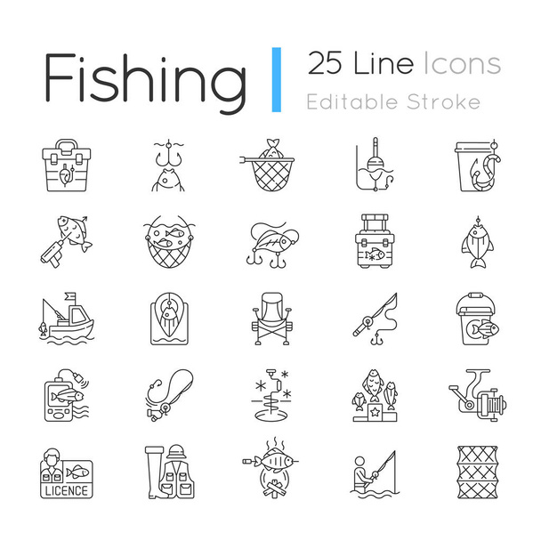Fishing equipment linear icons set. cooking freshly caught fish. Fish finder, Fishing tournament. Customizable thin line contour symbols. Isolated vector outline illustrations. Editable stroke - Vector, Imagen