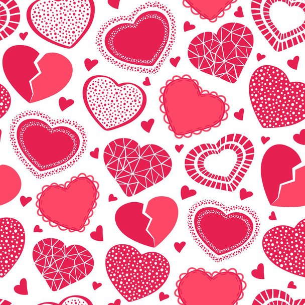 Ημέρα του Αγίου Βαλεντίνου χέρι που χωρίς ραφή μοτίβο των χαριτωμένων κόκκινα σχήματα καρδιά, σύμβολο αγάπης. Πολύχρωμο ρομαντικό σκίτσο doodle εικονογράφηση για ευχετήρια κάρτα, πρόσκληση, ταπετσαρία, χαρτί περιτυλίγματος, ύφασμα - Διάνυσμα, εικόνα