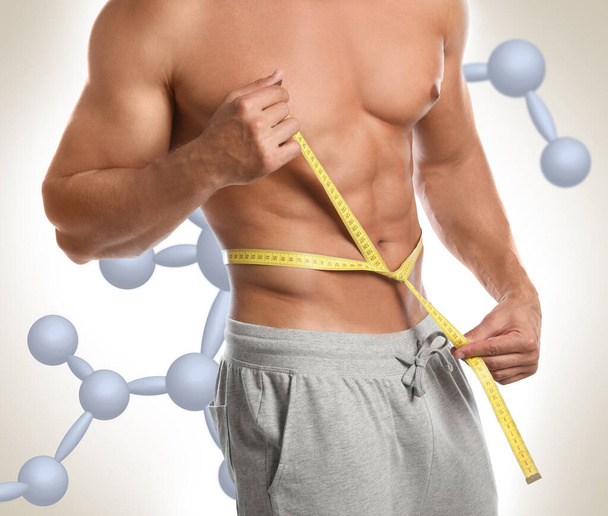 Metabolism concept. Man with slim body and molecular chains on light background, closeup - Foto, imagen
