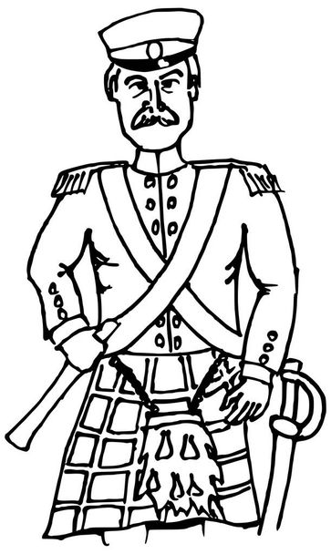 Kresba skotského dělostřeleckého důstojníka z 19. století v černobílém - Vektor, obrázek