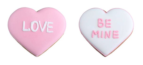 Different delicious heart shaped cookies on white background, banner design. Valentine's Day - Фото, изображение