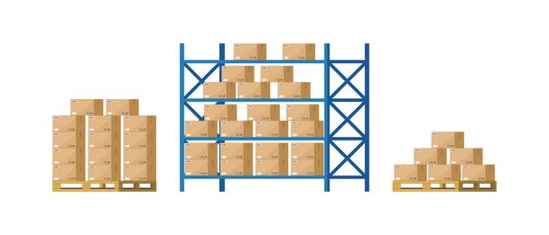 Warehouse inventory with rack, pallet and boxes. Shelf for storage of cargo. Stock of wholesale goods in warehouse of logistic. Icon of store, distribution. Merchandise on shelves of factory. Vector. - Vector, Image