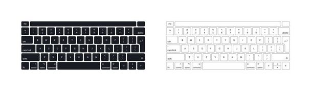 コンピュータのキーボード、ラップトップ。PC用のモダンなキーボタン。黒、白のキーボードは白の背景に隔離された。コントロール、入力、 qwerty 、アルファベット、数字、シフト、エスケープのアイコン。現実的なモックアップ。ベクトル - ベクター画像