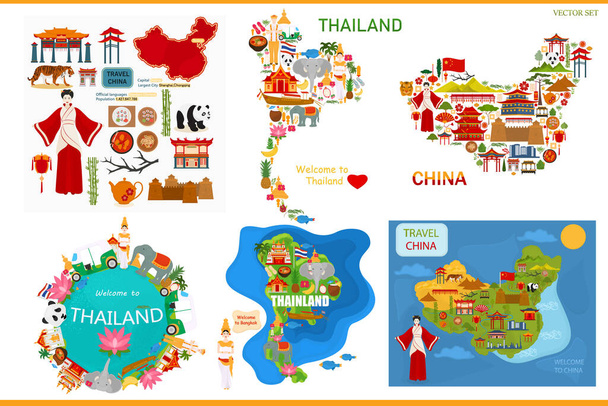   Mapa de Tailandia y China con símbolos tradicionales y arquitectura. Viajar a China y Tailandia. - Vector, Imagen