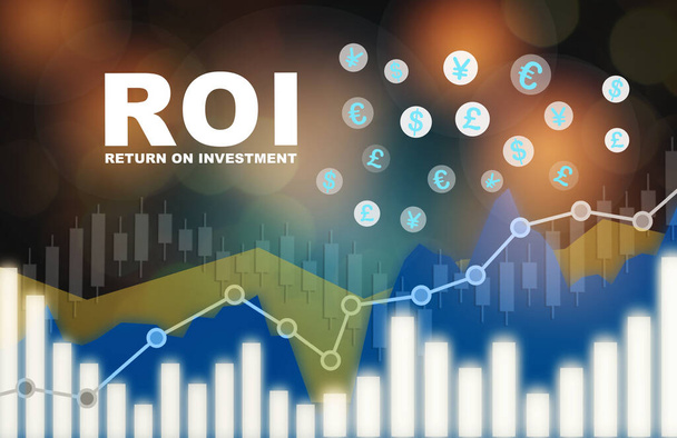 Απόδοση των επενδύσεων ROI και γράφημα ανάπτυξης με σύμβολο νόμισμα σε αφηρημένο φόντο. Κάνοντας τα χρήματα και την αποταμίευση έννοια και την επιχειρηματική ιδέα διαπραγμάτευσης μετοχών - Φωτογραφία, εικόνα