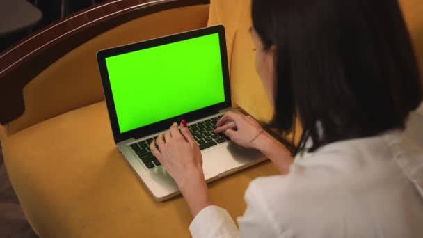Yeşil ekranlı dizüstü bilgisayar kullanan genç bir kadın evdeki kanepede yatıyor. Arkadan bak. Krom anahtar - Video, Çekim