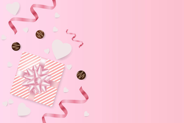  Romanttinen luova koostumus.Juhlava koriste-esineet lahjapakkaus, suklaata, paperia sydämet, vaaleanpunainen streamer.Holiday banneri ja juliste. - Vektori, kuva