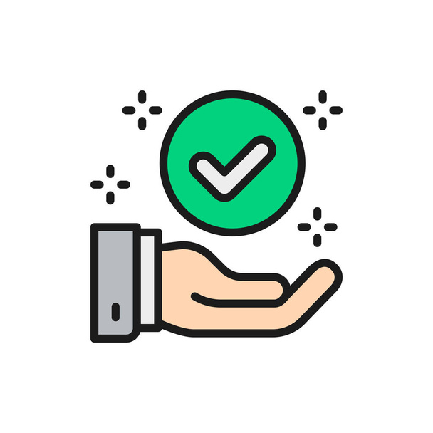 Hand with check mark, best choice, quality control, approved color line icon. - Vector, Image