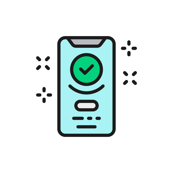 Smartphone display with successful checkmark, approved flat color line icon. - Вектор,изображение