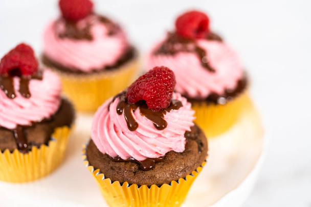 Gourmet σοκολατένια cupcakes βατόμουρο πασπαλισμένα με γκανάς σοκολάτας και γαρνιρισμένα με φρέσκο βατόμουρο. - Φωτογραφία, εικόνα