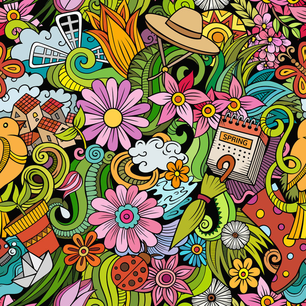 Cartoon doodles Spring seamless pattern. - Zdjęcie, obraz