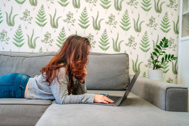 A modern young woman relaxes on the sofa in the living room using a laptop. Work from home and education. - Photo, Image