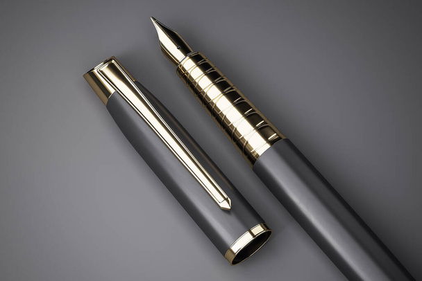 Golden fountain pen on a black pappe - Photo, Image