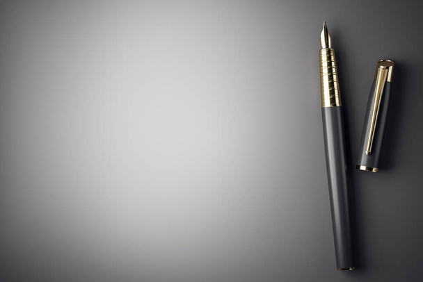 Top view golden fountain pen with cap on black papper background. Art and business concept. 3D Rendering - Fotografie, Obrázek