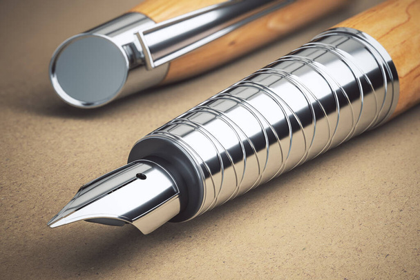Silver fountain pen with cap on brown background. Art and business concept. Close up. 3D Rendering - 写真・画像