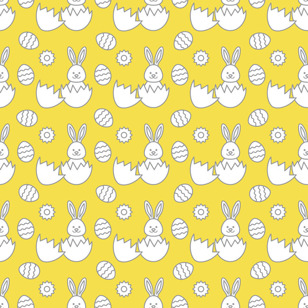 Seamless pattern with Easter Bunny looking out of an egg and decorated eggs. Happy Easter. Festive background. Design for banner, poster or print. Illuminating and Ultimate Gray. - Vektor, kép