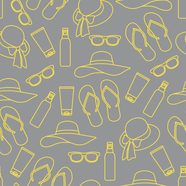 Vector travel seamless pattern Illustration with flip flops, sunscreen, sun hat, sunglasses. Summer time, vacation, holiday, leisure background Concept for travel agency Design wrapping, fabric, print Illuminating and Ultimate Gray. - Вектор, зображення