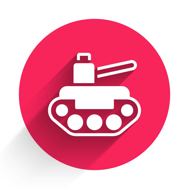 Weiße Panzer-Ikone isoliert mit langem Schatten. Roter Kreis Knopf. Vektor. - Vektor, Bild